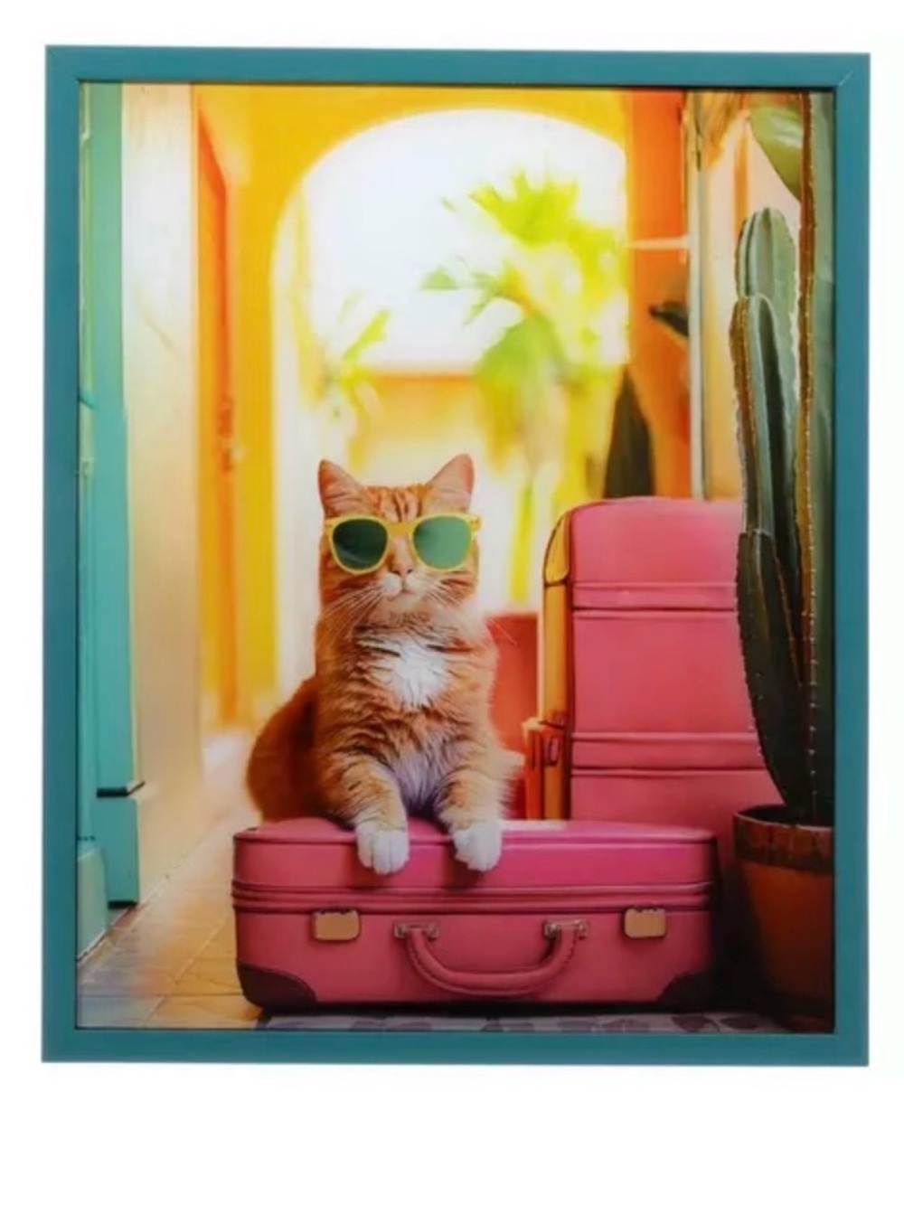 Stylish Cat Wall Art Print - Orange Cat with Pink Suitcases
